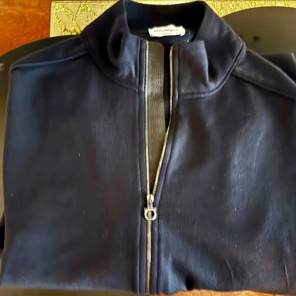 Ferragamo Mens Virgin Wool Bomber Jacket, SZ L, Navy, Zipper w/Leather, RT $1800 - Picture 7 of 14